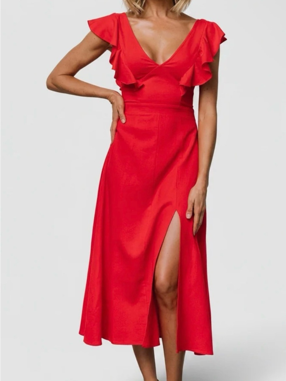 Baltic Born Red Ruffle V-Neck Midi Dress with Side Slit